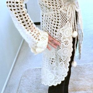 JALOUX Mohair Blend Creamy White Knit Sweater Coat Open Front Pom-Pom Tie Belt